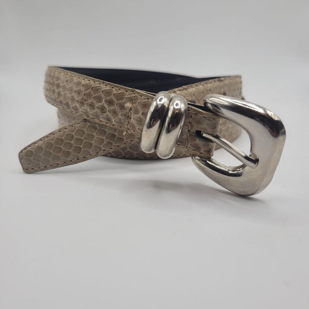 Beige Snakeskin Leather Belt Medium Silver Sculptural Buckle Dress Animal Print